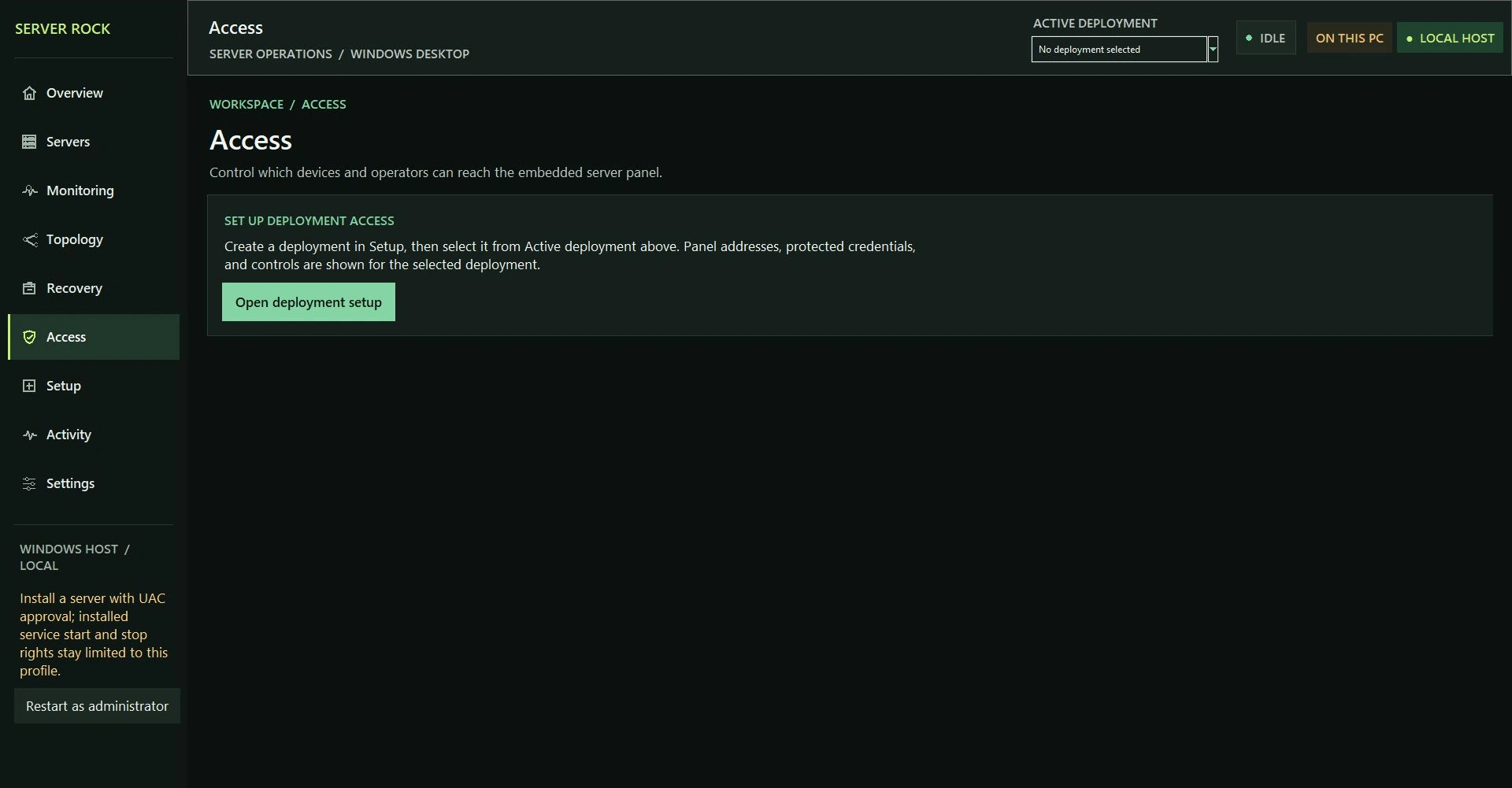 Earlier-build capture of Server Rock Access, showing setup guidance for deployment access.