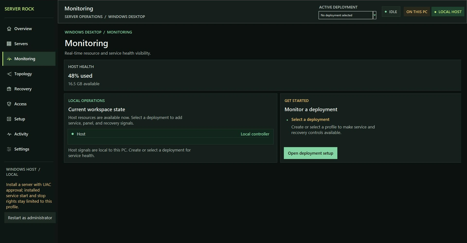 Earlier-build capture of Server Rock Monitoring, with local host health and a deployment setup route.