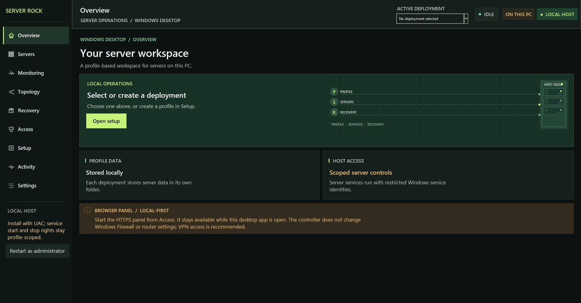 Earlier-build capture of Server Rock Windows desktop Overview, with no deployment selected.