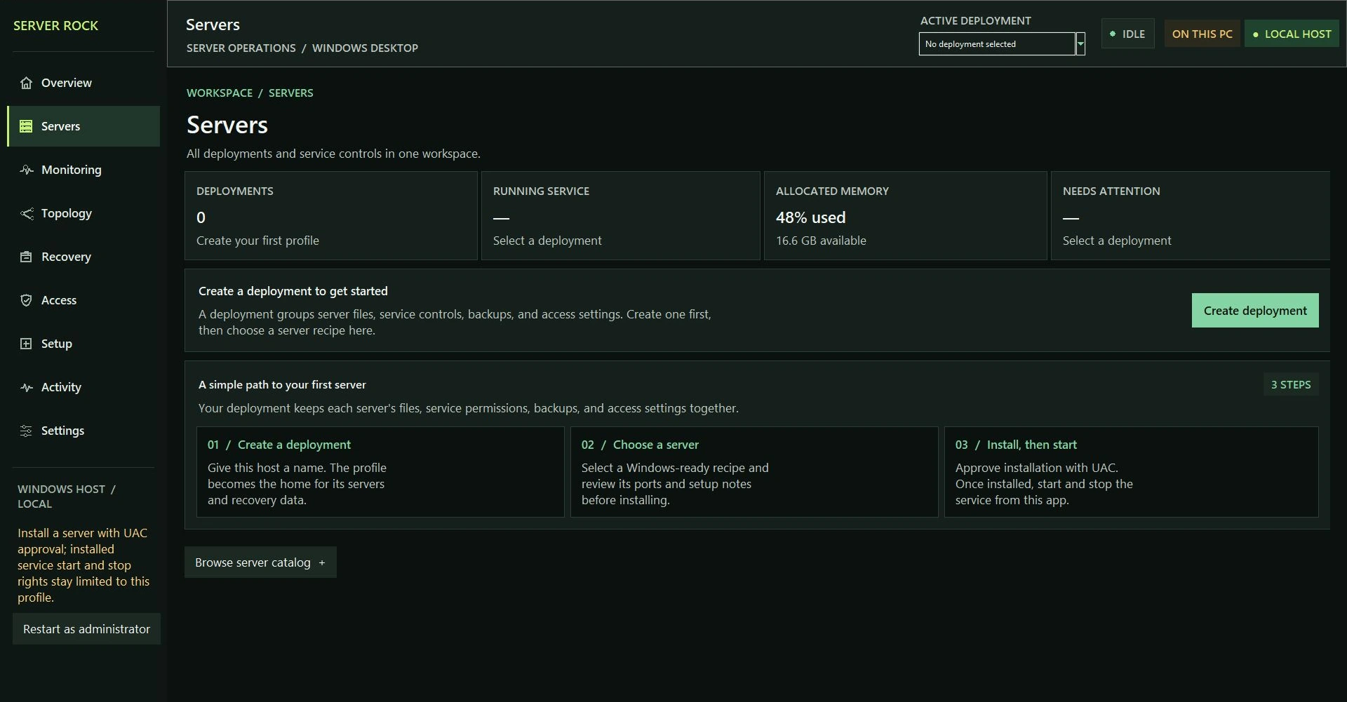 Earlier-build capture of Server Rock Windows desktop Servers, showing the first-deployment guidance.