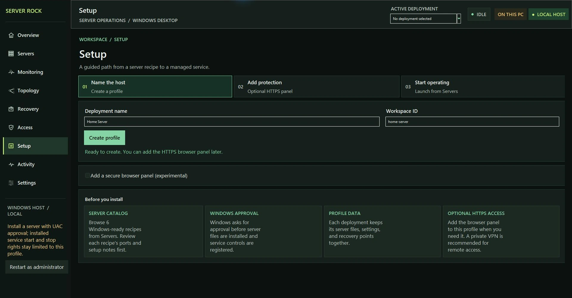 Earlier-build capture of Server Rock Windows desktop Setup, showing profile creation and setup guidance.