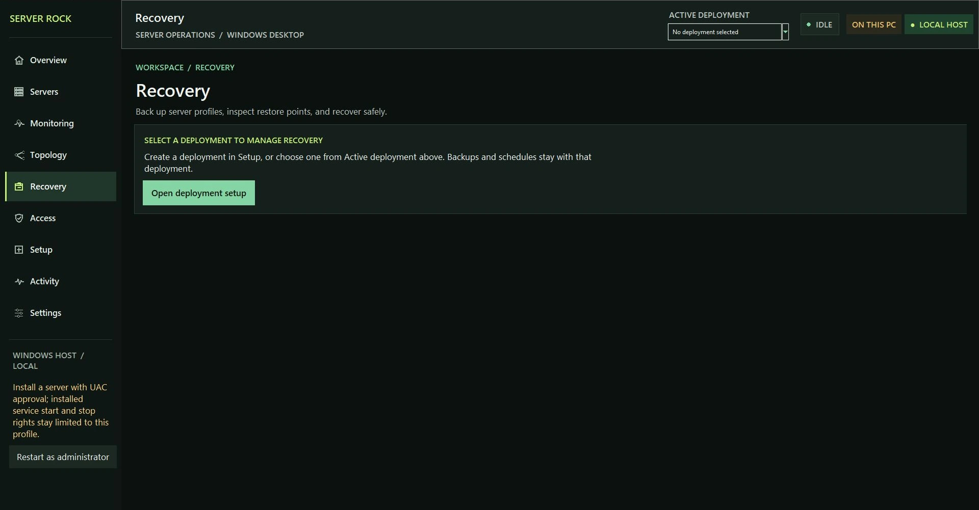 Earlier-build capture of Server Rock Recovery, showing how to select a deployment before managing backups.