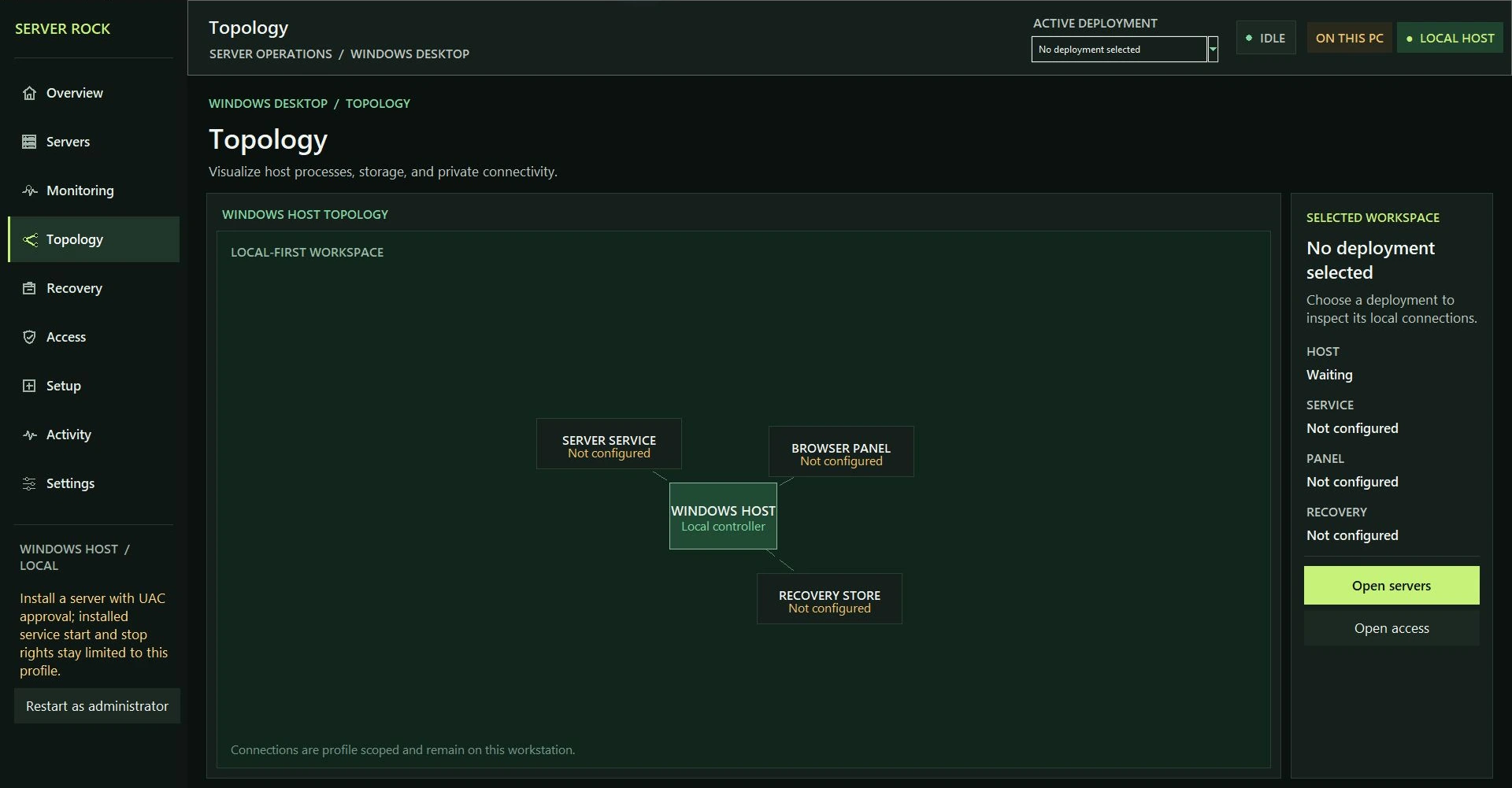 Earlier-build capture of Server Rock Topology, showing local host connections.